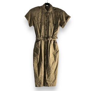 Vintage Dawn Joy‎ Fashions Size 11/12 Belted Button Up Safari Retro Midi Dress